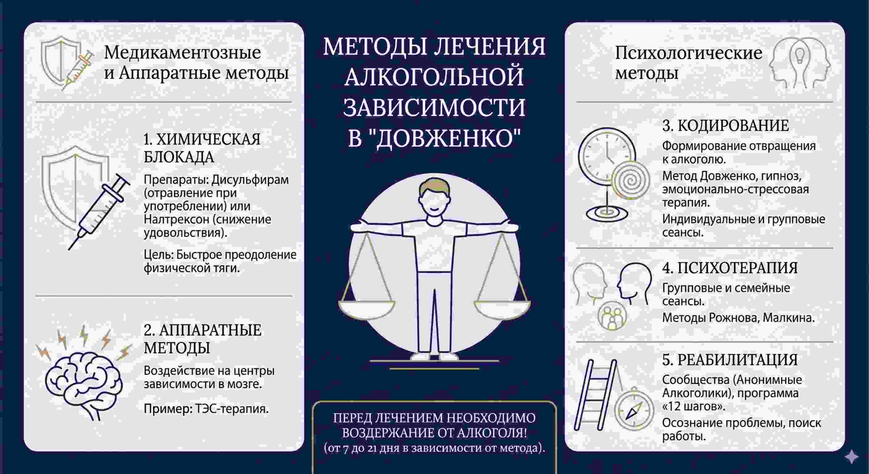Инфографика с методами лечения алкогольной зависимости в центре Довженко: химическая блокада, аппаратные методы, кодирование, психотерапия и реабилитация.